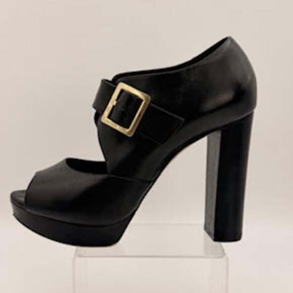 Michael Kors Black Leather Platform Heels Peep Toe Gold Buckle Women’s 6.5 - Picture 7 of 16